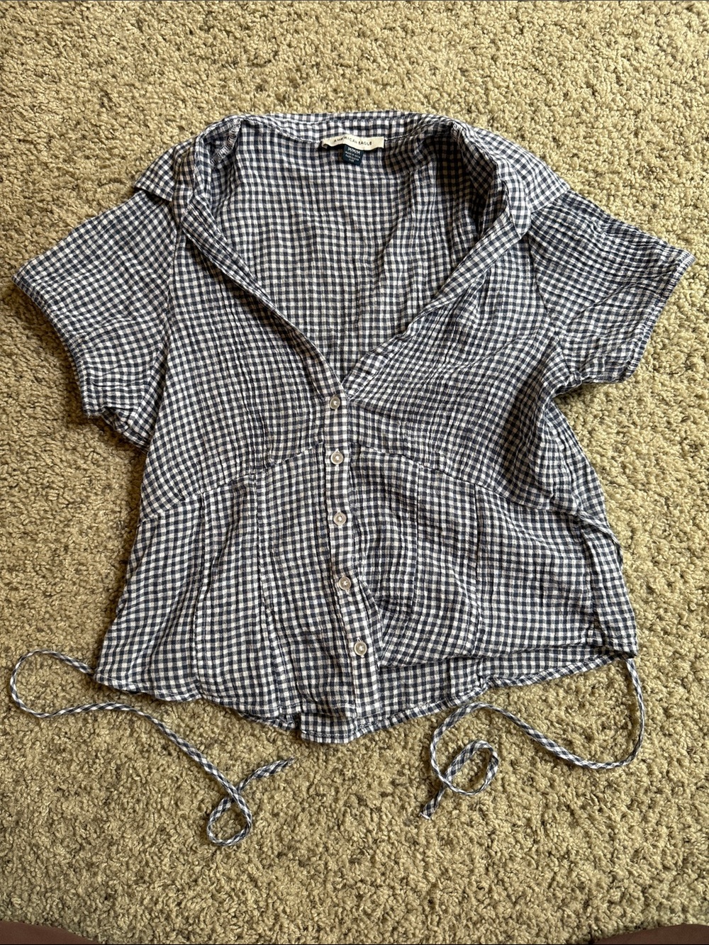 American Eagle Outfitters Navy and White Gingham Babydoll Top